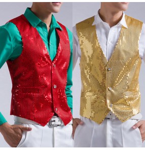 Black silver white gold red sequins paillette v neck men's male man stage performance jazz singer host wedding party dance vest waistcoat tops 